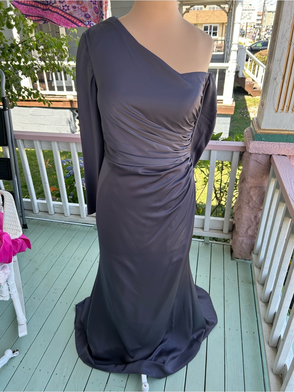 Elegant Off the Shoulder Evening Gown in Slate Gray - Picture 4 of 9